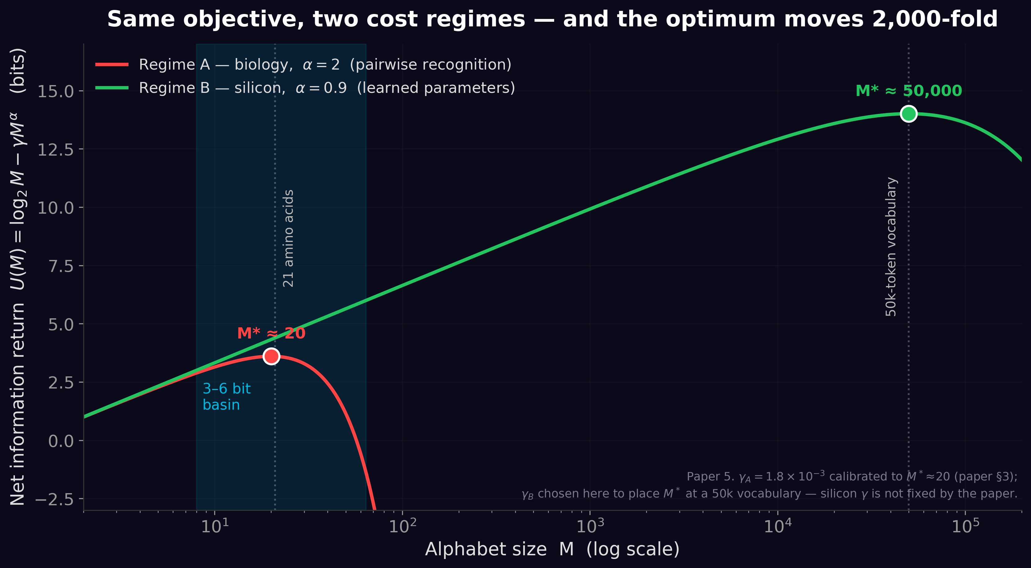 Net information return against alphabet size: biology's quadratic discrimination cost puts the optimum near 20 symbols, silicon's sub-linear cost puts it near 50,000